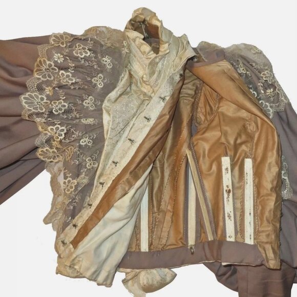 Lovely Lace Lavished Taupe Twill Victorian Museum Dress - Wearable - Picture 5 of 12